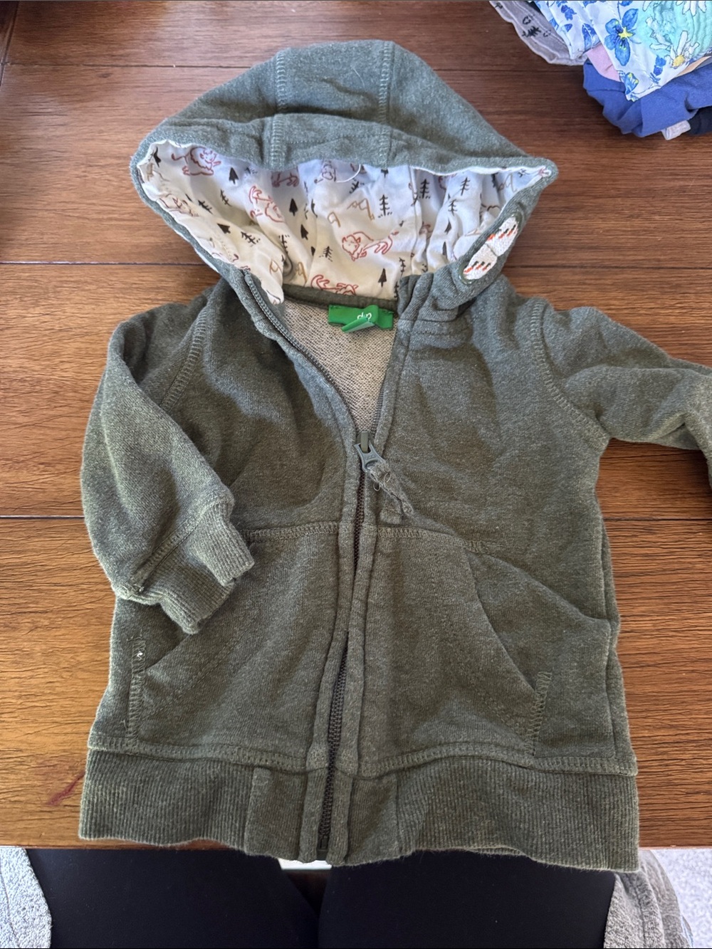 dip Olive Green Hooded Zip-Up Sweatshirt with Printed Hood Lining